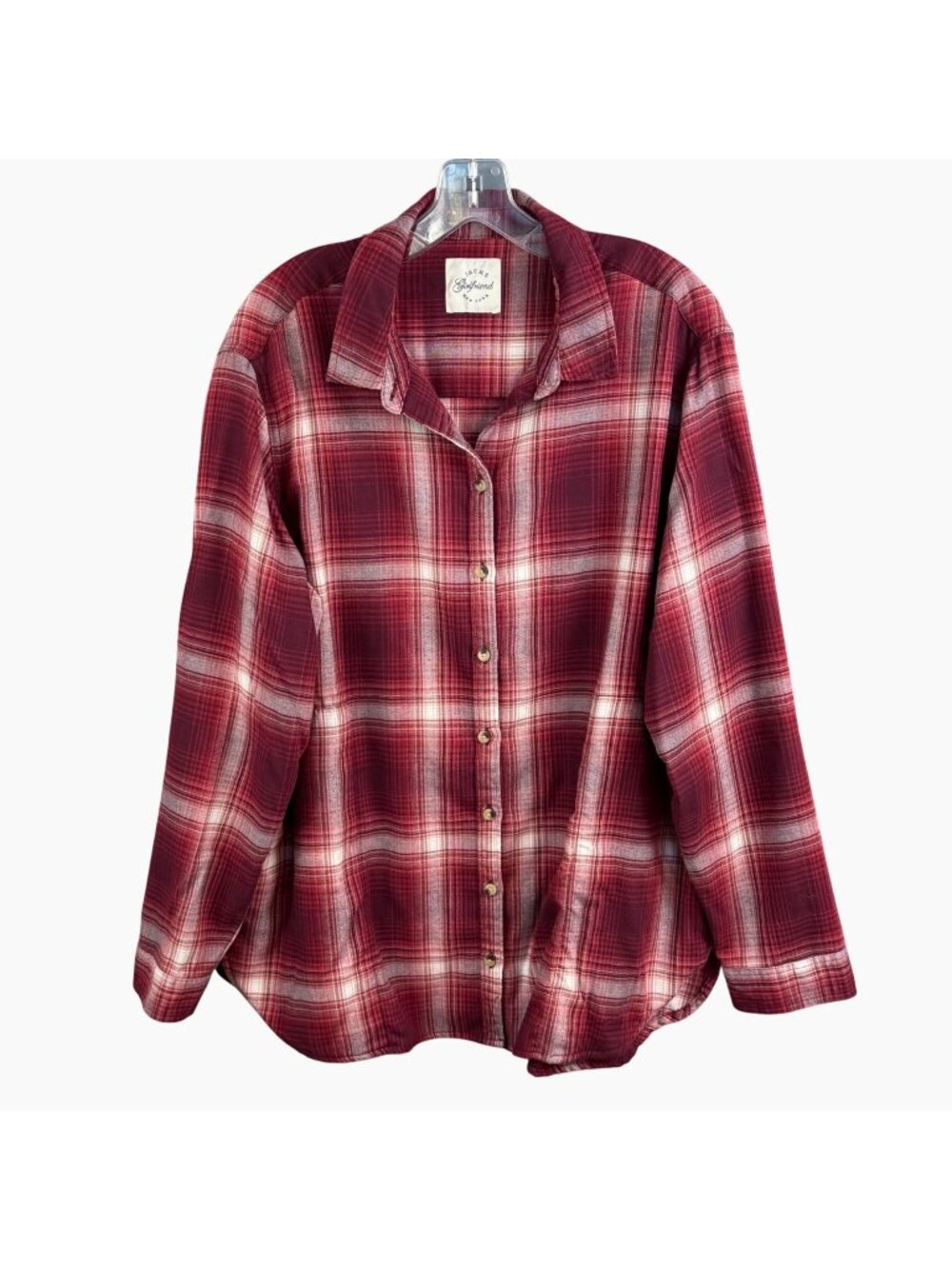 Jachs Girlfriend XXL Burgundy Plaid Flannel Shirt Jacket Shacket Side Pockets EC